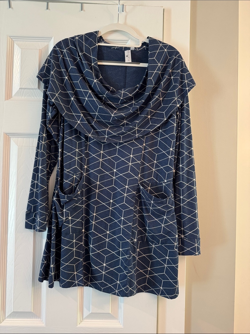 Geometric Cowl-Neck Tunic in Navy with Front Pockets